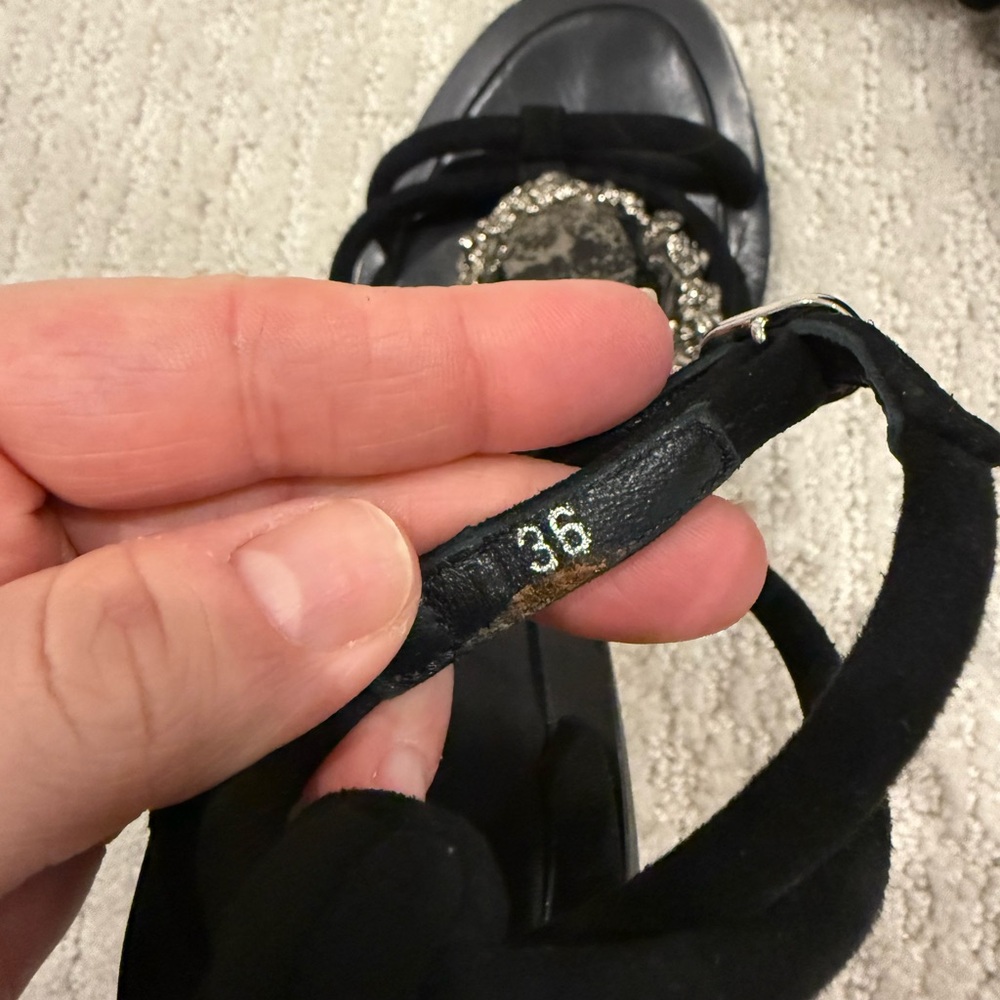 Alexander McQueen Black Suede T-Strap Wedge Sandals with Gold Sculpted Heel - Picture 8 of 15